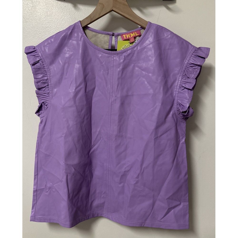 THML Cleo Lavender Vegan Faux Leather Flutter Short Sleeve Blouse Size XS - Picture 3 of 12